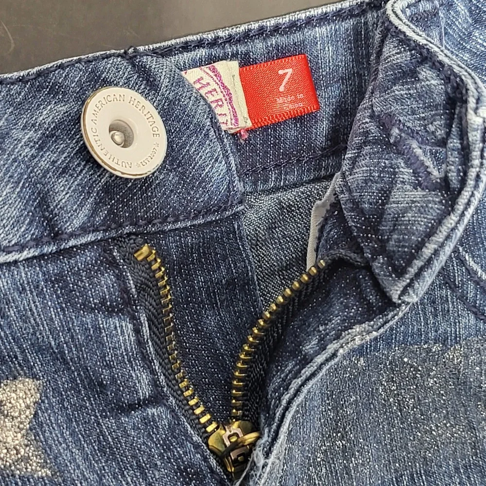 SO Authentic American Heritage Girls Denim Shorts Blue Stars Stripes Glitter 7‎